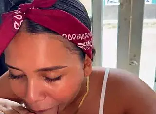 look at this latina's huge exhibition at the street door, riding and creampie