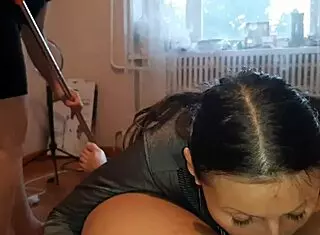 Girlfriend makes me lick while cleaner watches