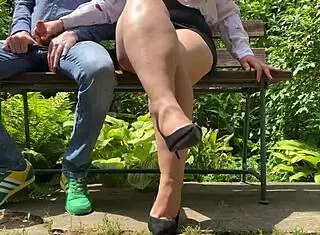 The queen of masturbation in heels receives cum outdoors