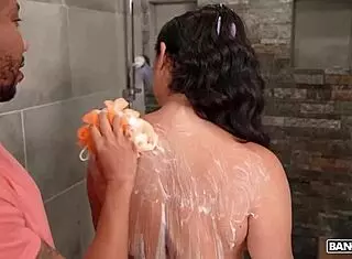 ashlyn peaks boldly calls john legendary to shower, washing her big natural tits