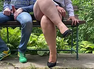 The queen of masturbation in heels receives cum outdoors