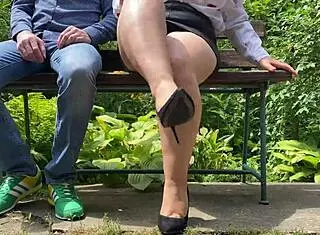 The queen of masturbation in heels receives cum outdoors