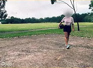 public exhibitionist milf plays basketball braless with short skirt no panties