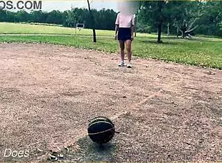 public exhibitionist milf plays basketball braless with short skirt no panties