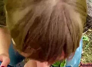 girl sucks boyfriend's cock outdoors sensually and swallows cum.