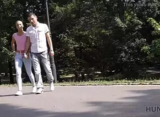 Stallion watches hunter fuck petite girlfriend outdoors for money