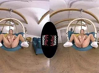 In virtual taboo, the blonde masturbates her shaved pussy to orgasm in pov.