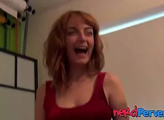 Ginger vixen rubs her pussy while riding nerd's big cock!