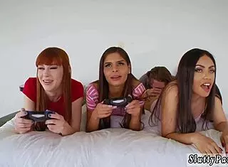 Redhead Teen Sucks Pussy in 4some!