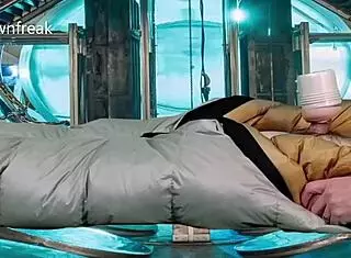 Hands-free fleshlight masturbation in shiny bag 😏