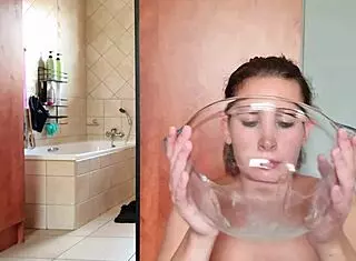 Gathering saliva while fucking throat with double dildo repeatedly