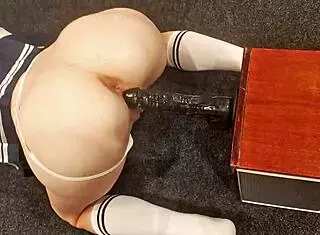 Petite teen roughly rides big black dildo with her tight pussy gripping hard!