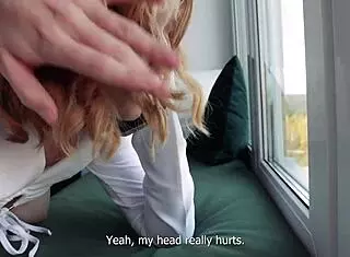 Chatting with husband while banging stepbrother in close-up action