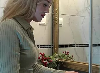 hot new sexy blonde wife switches panties in bathroom solo.