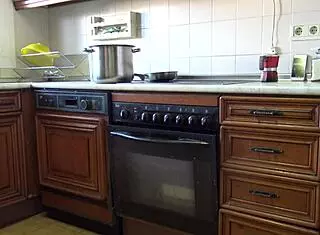 Mature stepmother lets me fuck her hairy pussy in the kitchen. she moans as i cum inside her beaver.