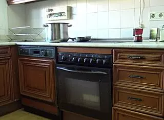 Mature stepmother lets me fuck her hairy pussy in the kitchen. she moans as i cum inside her beaver.