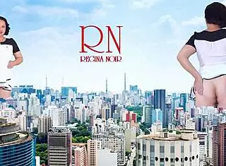 Giant lady struts panty-less in city, towering like a true giantess.