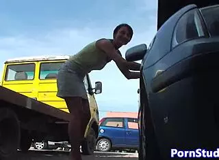 Nudist Eurobabe Teases Mechanics With Trimmed Pussy