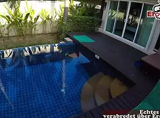 blonde vacationer enjoys holiday with german user by the pool