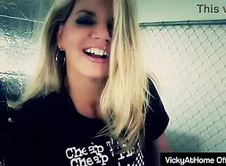 Hot blonde Vicky Vette rubs her wet pussy and big clit while giving a titjob with dirty talk