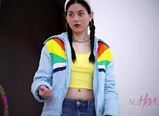 Petite brunette uses vibrator for tribbing orgasm