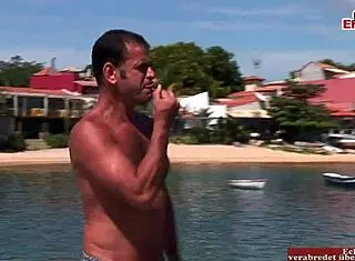 Busty girl fucks in anal threesome on boat!