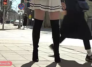 hey, take a peek under my skirt, jeny smith teases in public with hairless flash