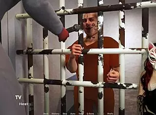 In a cartoon scene, old milf in stockings sucks young 18+ cock with big tits