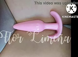 Peruvian girl playing alone at work with dildo and toys in ass.