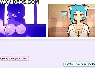 Nicole, why are you fondling your big tits in this risky hentai game to attract customers?