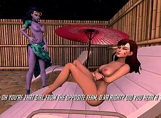 in the overwatch spa day, the futanari character gets her big cock sucked while showing off her tits and ass, ending with a cumshot