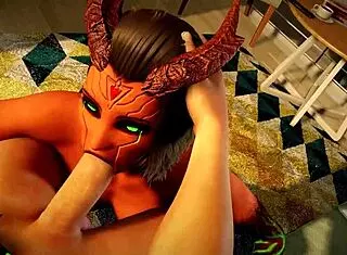Beautiful demon girl with green eyes gives passionate blowjob in pov