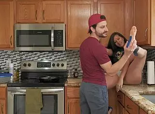 thick latina wife gets fucked in the kitchen while husband cooks, squirting everywhere