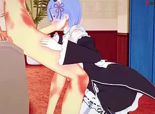 Rem the maid gets boobjob and sucking in Re Zero