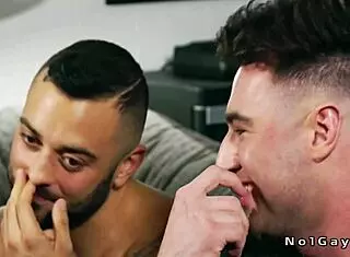 Tattooed muscle gay anal fucks pal in bareback doggystyle creampie.