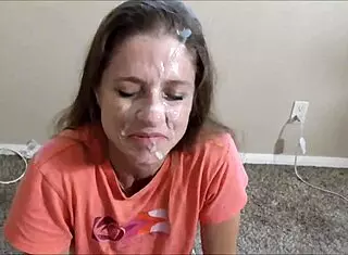 50 year old kristy experiences first facial, deepthroating and getting cum covered