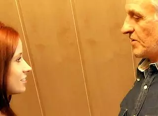 The redhead says, 'thanks grandpa, let me reward you with a fuck'