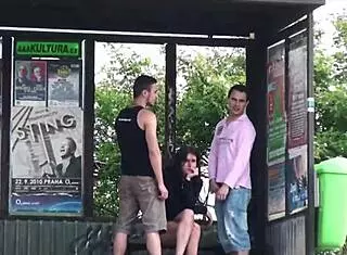 hot girl dares extreme threesome at bus stop with two guys