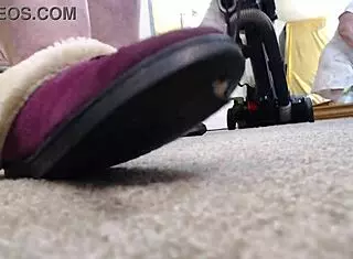 Retro redhead vacuums bare-ass in slippers for wild show