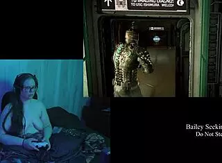 Brunette BBW plays DEADSPACE naked with big natural tits.