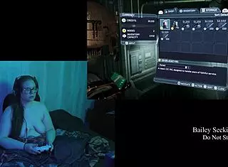 Brunette BBW plays DEADSPACE naked with big natural tits.