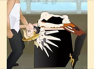 mercy from overwatch gets her throat fucked deep in this hentai