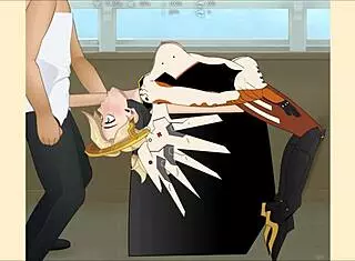 mercy from overwatch gets her throat fucked deep in this hentai