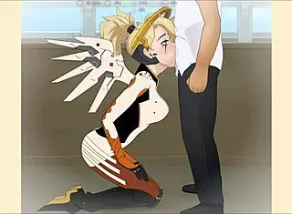 mercy from overwatch gets her throat fucked deep in this hentai