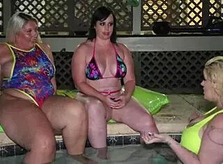sexy pawgs virgo and big booty pals lick pussy. they dive into hot muff action by the pool.