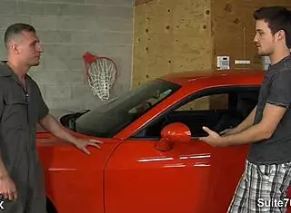 Gay mechanic sucks big cock in garage