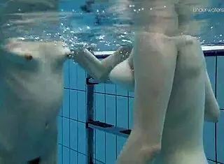 anna and lada relax in pool with bikinis on brunette beauties