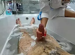 Stepmom ignores stepson’s excitement while washing him. Big tits flash during solo play.