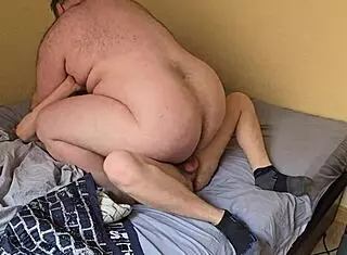 bareback gay action with chubby guy and big cock
