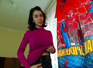 mylaangel wears tight clothes pressing her big tits sucking nipples